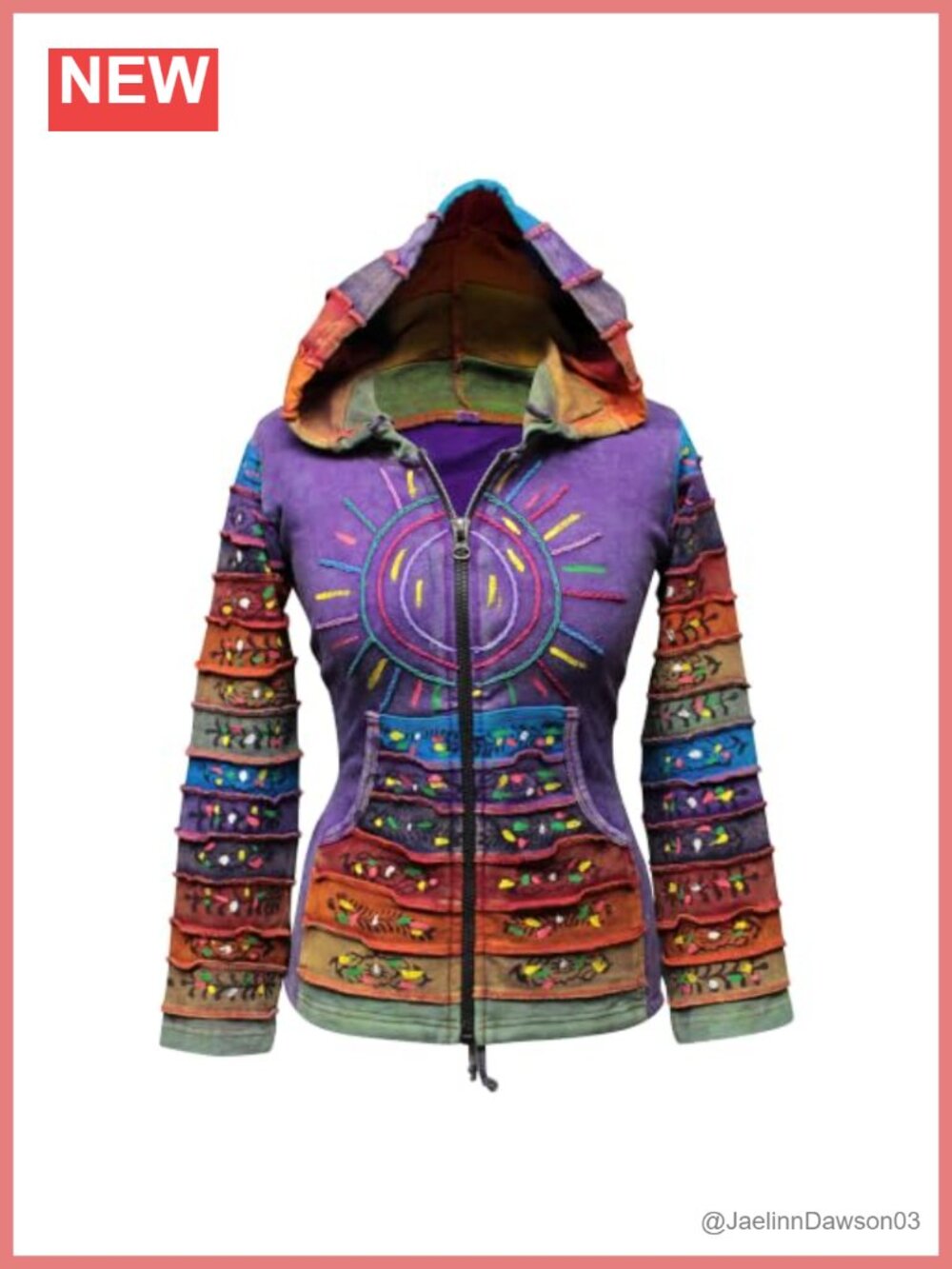 Womens 100% Cotton Full Zip Hoodie with Sun Embroidery and Hood